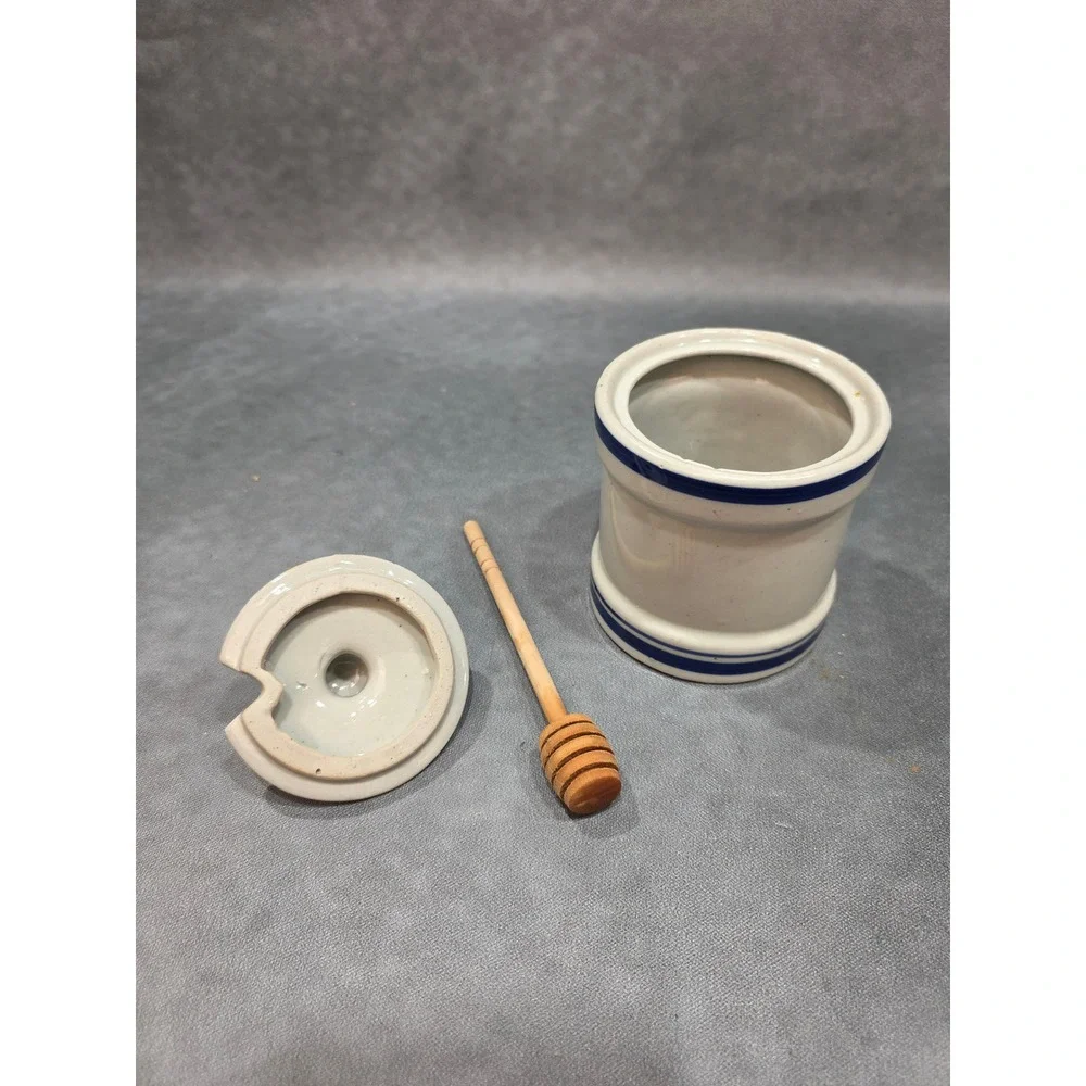 Vintage Stoneware Honey Pot with Lid and Wooden Dipper Blue Cream Ceramic Jar